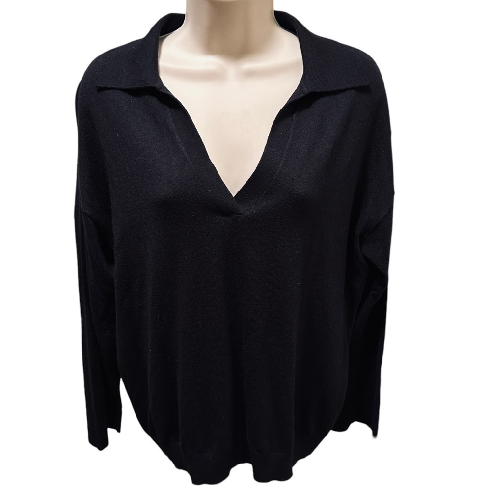ANN TAYLOR Collared V-Neck Sweater Black 65% viscose 35% nylon size Medium